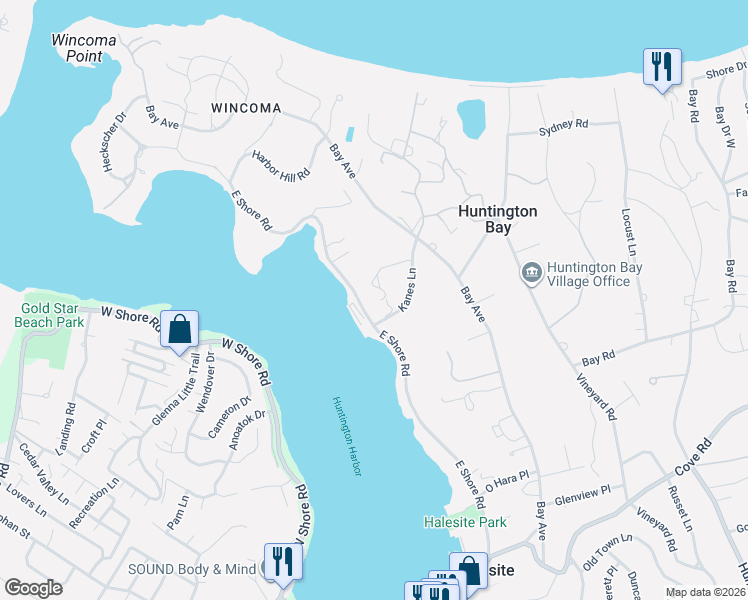 map of restaurants, bars, coffee shops, grocery stores, and more near 9 Kanes Lane in Huntington