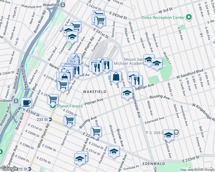 map of restaurants, bars, coffee shops, grocery stores, and more near 4359 Bruner Avenue in Bronx