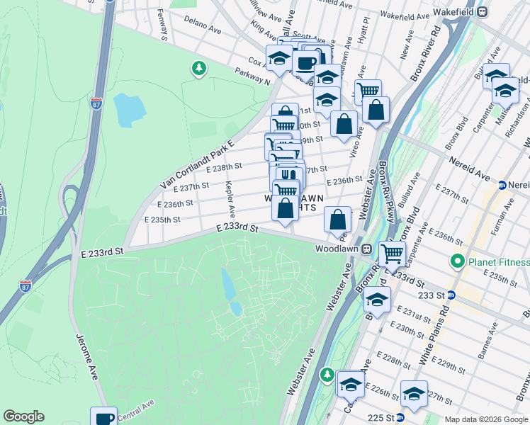 map of restaurants, bars, coffee shops, grocery stores, and more near 243 East 235th Street in Bronx