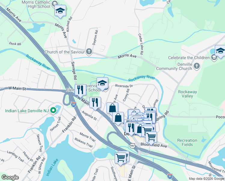 map of restaurants, bars, coffee shops, grocery stores, and more near 49 Myers Avenue in Denville