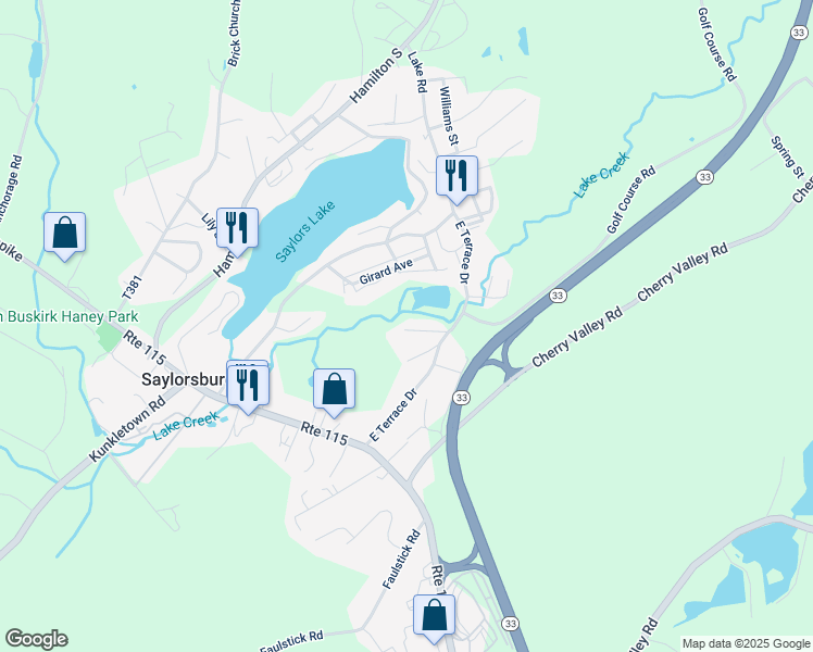 map of restaurants, bars, coffee shops, grocery stores, and more near 120 Frog Hollow Lane in Saylorsburg