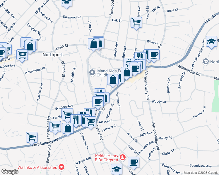 map of restaurants, bars, coffee shops, grocery stores, and more near 50 Gilbert Street in Northport
