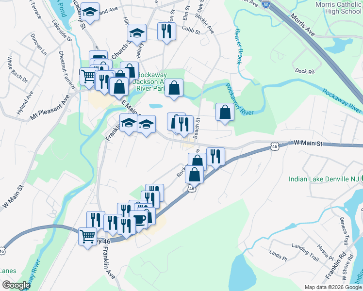 map of restaurants, bars, coffee shops, grocery stores, and more near 159 East Main Street in Rockaway