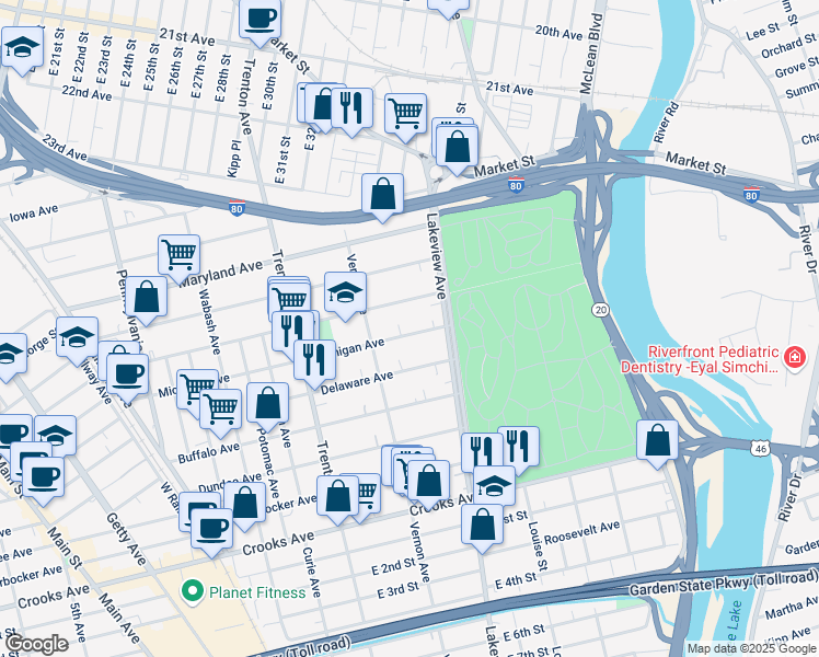 map of restaurants, bars, coffee shops, grocery stores, and more near 383 Michigan Avenue in Paterson