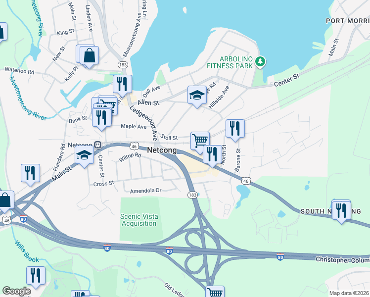 map of restaurants, bars, coffee shops, grocery stores, and more near 111 Ledgewood Avenue in Netcong
