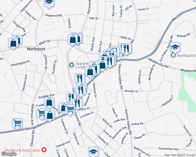 map of restaurants, bars, coffee shops, grocery stores, and more near 791 Fort Salonga Road in Northport