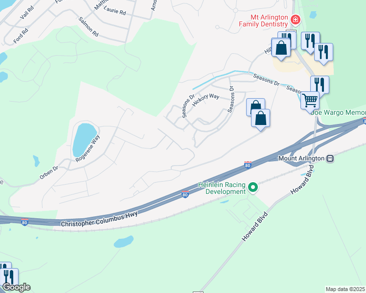 map of restaurants, bars, coffee shops, grocery stores, and more near 49 Woodland Way in Mount Arlington