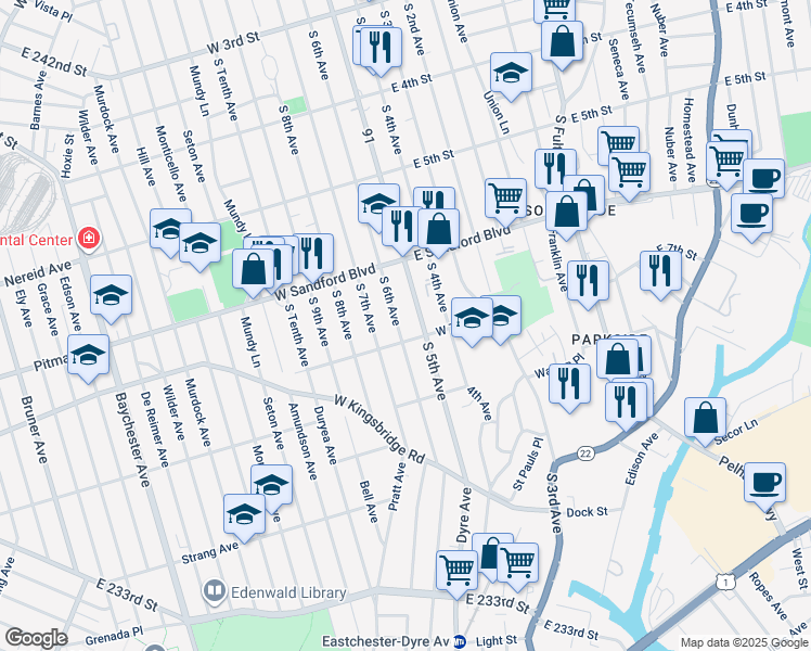 map of restaurants, bars, coffee shops, grocery stores, and more near 550 South 5th Avenue in Mount Vernon