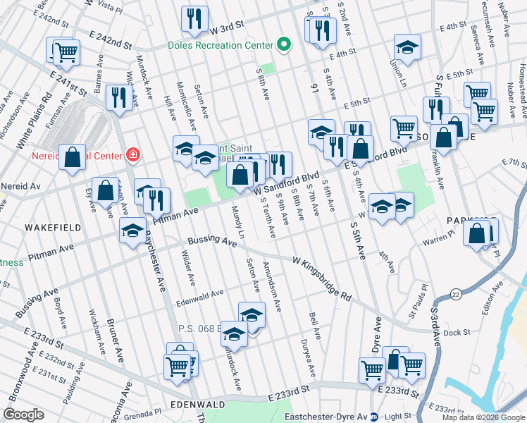 map of restaurants, bars, coffee shops, grocery stores, and more near 523 South Tenth Avenue in Mount Vernon