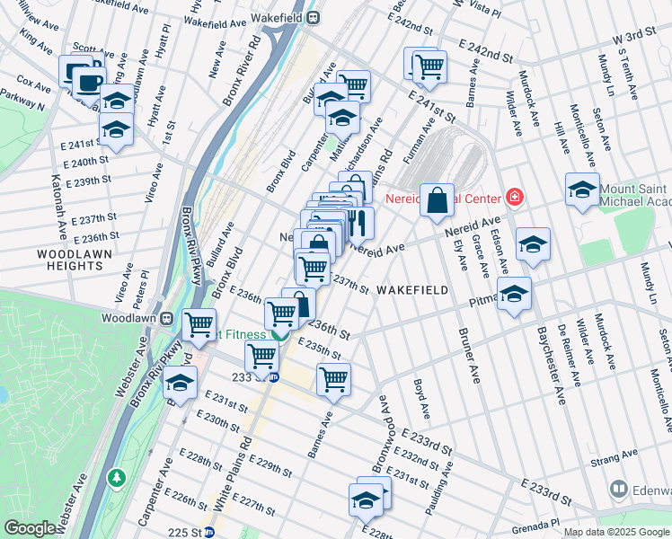 map of restaurants, bars, coffee shops, grocery stores, and more near in The Bronx