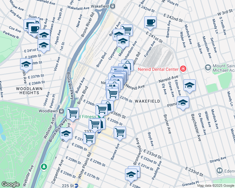 map of restaurants, bars, coffee shops, grocery stores, and more near 4354 White Plains Road in The Bronx