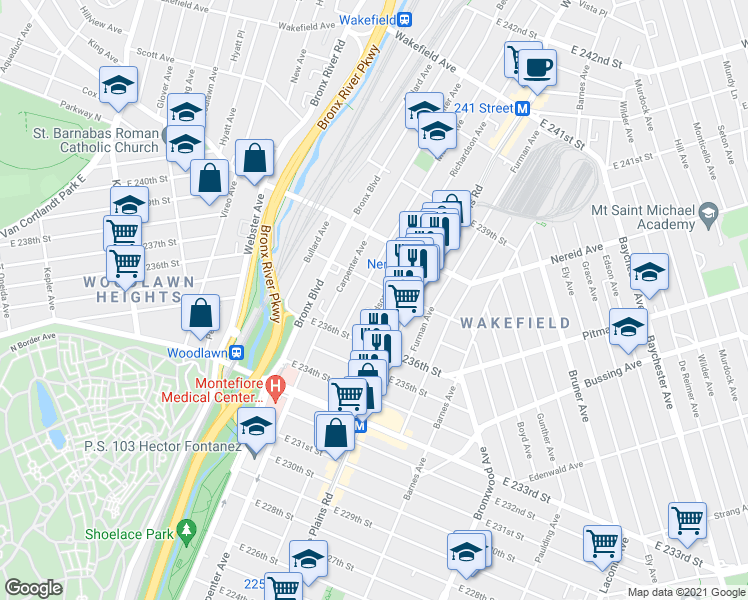 map of restaurants, bars, coffee shops, grocery stores, and more near 4352 Matilda Avenue in The Bronx