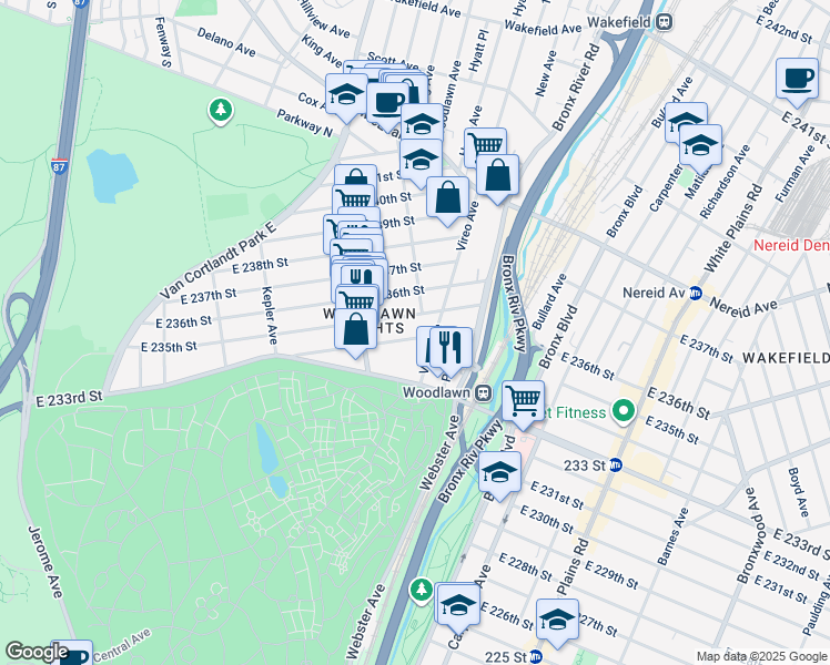 map of restaurants, bars, coffee shops, grocery stores, and more near 4255 Vireo Avenue in Bronx