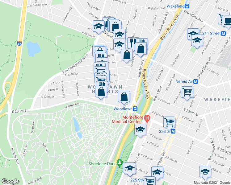 map of restaurants, bars, coffee shops, grocery stores, and more near 328 East 235th Street in Bronx