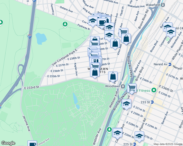 map of restaurants, bars, coffee shops, grocery stores, and more near in The Bronx