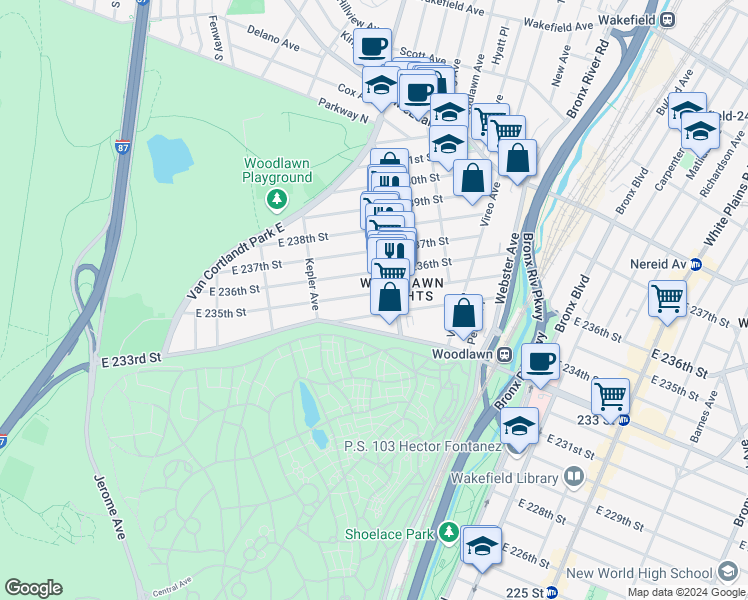 map of restaurants, bars, coffee shops, grocery stores, and more near in The Bronx