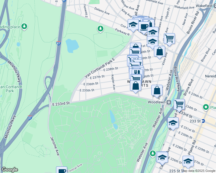 map of restaurants, bars, coffee shops, grocery stores, and more near 118 East 236th Street in Bronx
