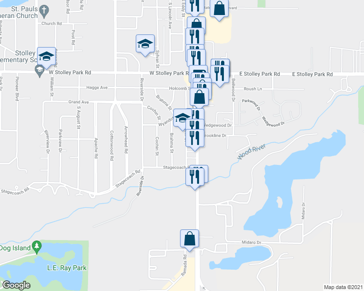 map of restaurants, bars, coffee shops, grocery stores, and more near 2511 Brahma Street in Grand Island