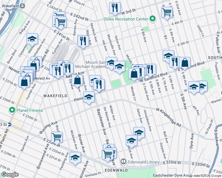 map of restaurants, bars, coffee shops, grocery stores, and more near 2082 Pitman Avenue in The Bronx