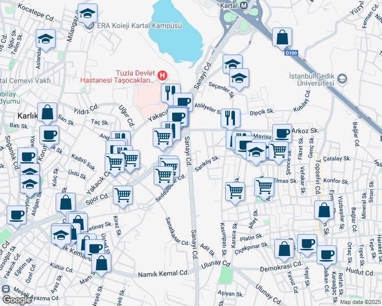 map of restaurants, bars, coffee shops, grocery stores, and more near 34 Sanayi Caddesi in Kartal