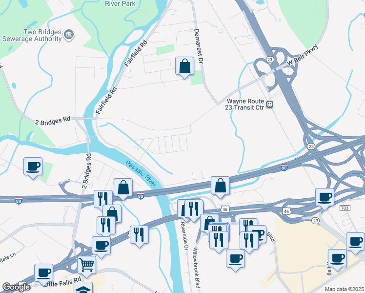 map of restaurants, bars, coffee shops, grocery stores, and more near 15 4th Street in Wayne