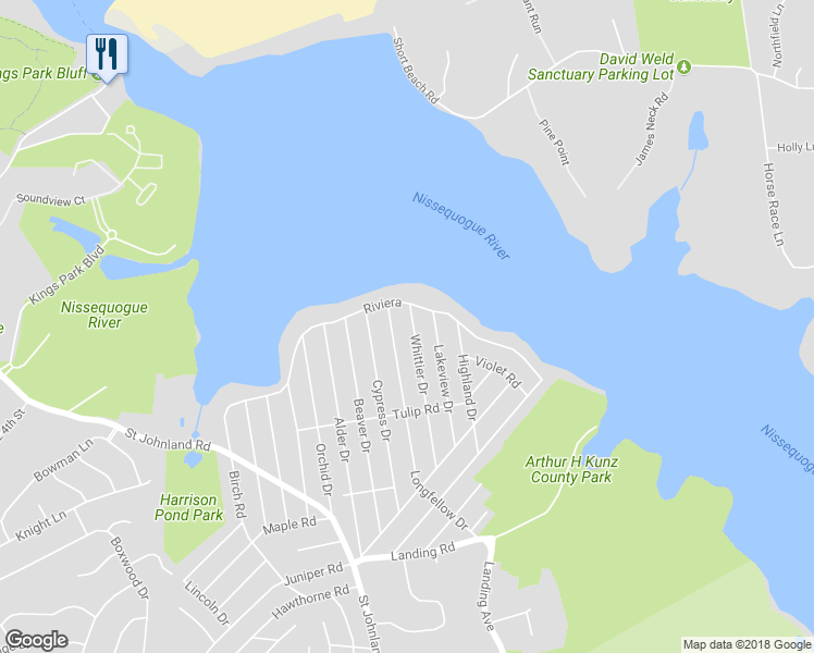 map of restaurants, bars, coffee shops, grocery stores, and more near 112 Whittier Drive in Kings Park