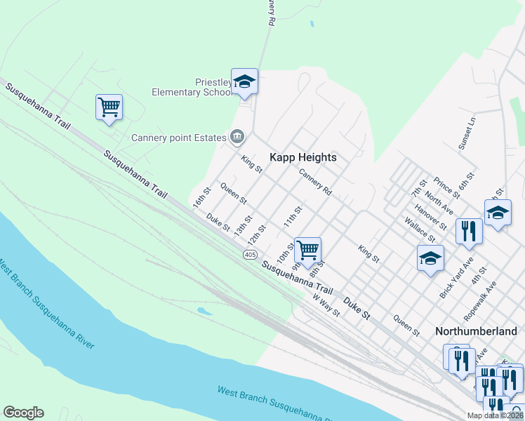 map of restaurants, bars, coffee shops, grocery stores, and more near 1284 Queen Street in Northumberland
