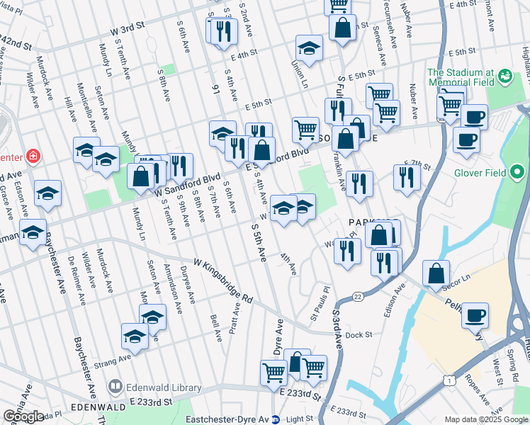 map of restaurants, bars, coffee shops, grocery stores, and more near 1 West 7th Street in Mount Vernon