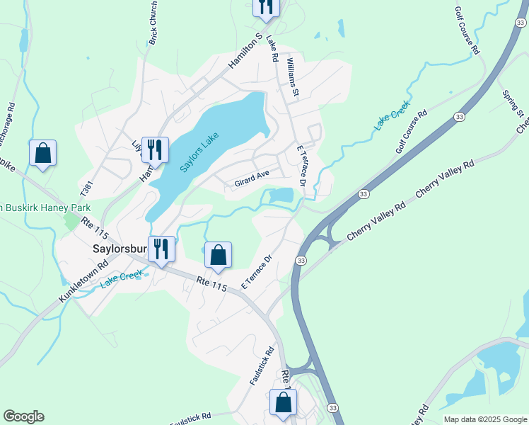map of restaurants, bars, coffee shops, grocery stores, and more near 120 Frog Hollow Lane in Saylorsburg