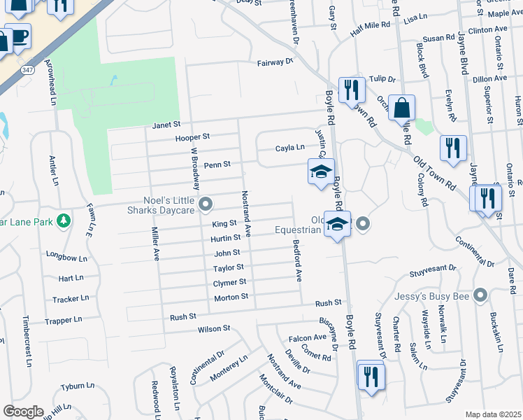 map of restaurants, bars, coffee shops, grocery stores, and more near 26 Hewes Street in Port Jefferson Station