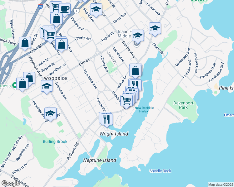 map of restaurants, bars, coffee shops, grocery stores, and more near 130 Meadow Lane in New Rochelle
