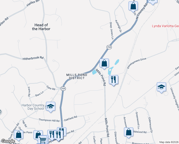 map of restaurants, bars, coffee shops, grocery stores, and more near New York State Bicycle Route 25 in St James