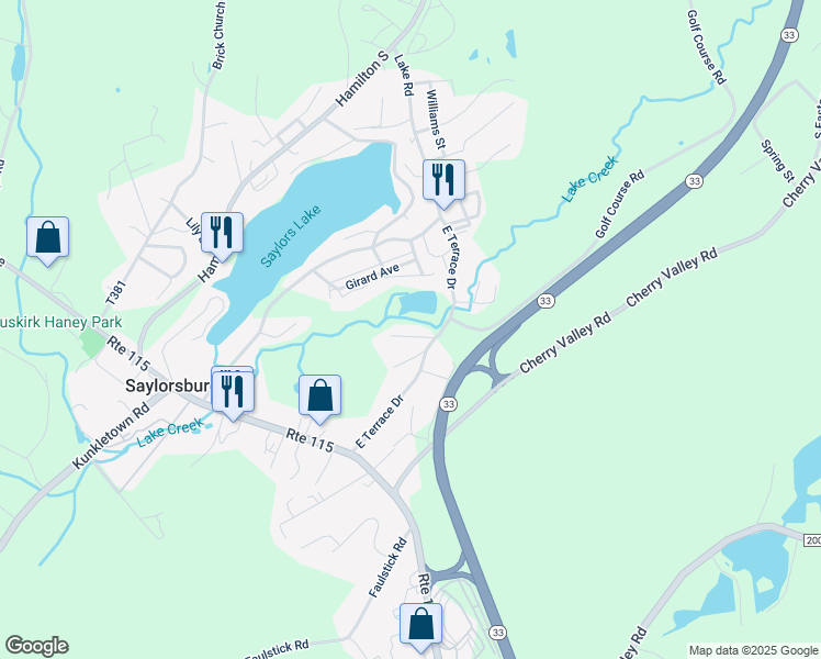 map of restaurants, bars, coffee shops, grocery stores, and more near 112 Frog Hollow Lane in Saylorsburg