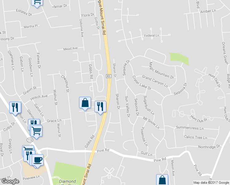 map of restaurants, bars, coffee shops, grocery stores, and more near 30 Sharon Drive in Coram