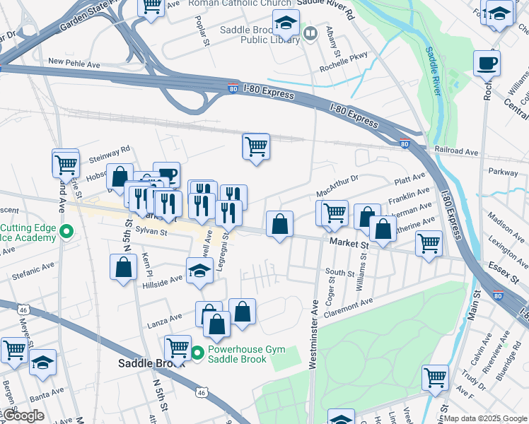 map of restaurants, bars, coffee shops, grocery stores, and more near 27 Mayhill Street in Saddle Brook