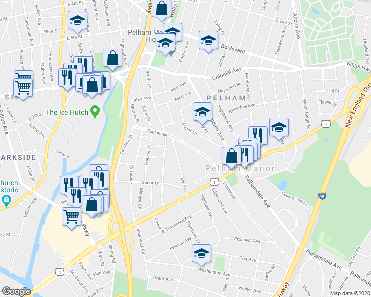 map of restaurants, bars, coffee shops, grocery stores, and more near 631 Esplanade in Pelham Manor