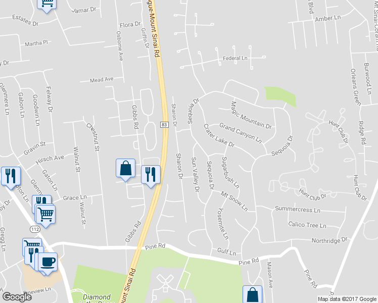 map of restaurants, bars, coffee shops, grocery stores, and more near 26 Sun Valley Drive in Coram