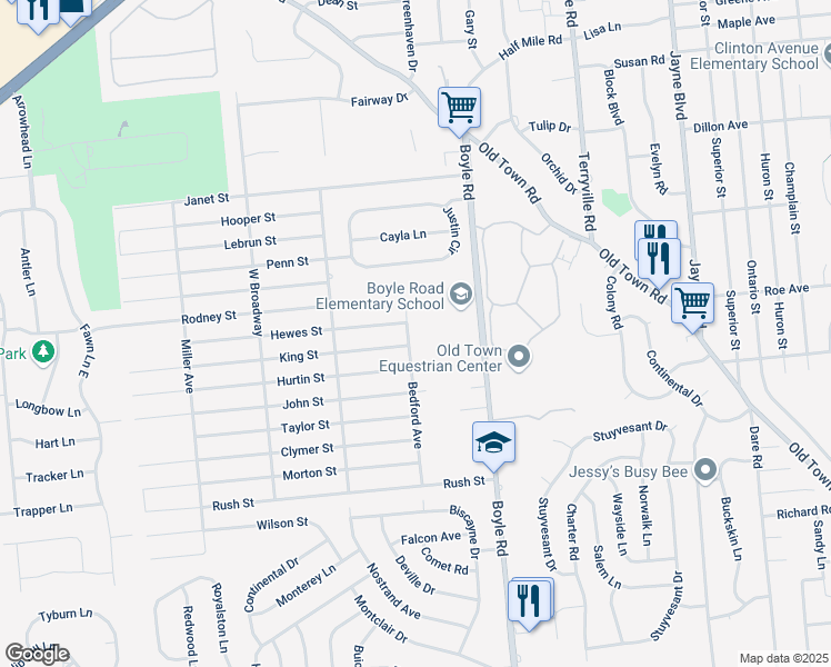 map of restaurants, bars, coffee shops, grocery stores, and more near 45 Bedford Avenue in Port Jefferson Station