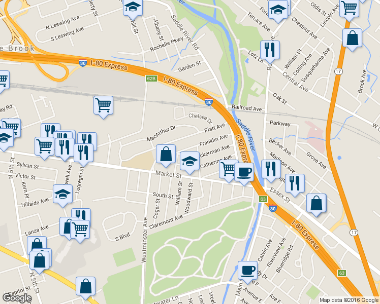 map of restaurants, bars, coffee shops, grocery stores, and more near 86 Franklin Avenue in Saddle Brook