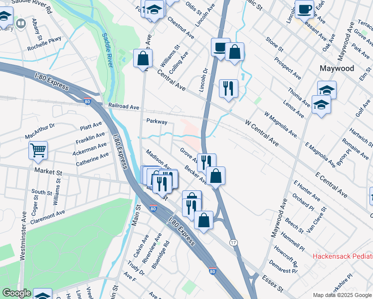 map of restaurants, bars, coffee shops, grocery stores, and more near 30 Grove Avenue in Rochelle Park