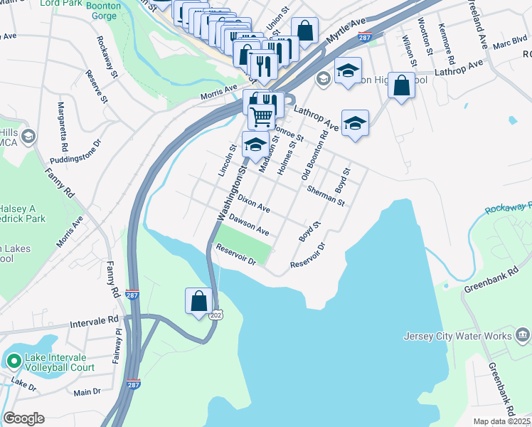 map of restaurants, bars, coffee shops, grocery stores, and more near 303 Dixon Avenue in Boonton