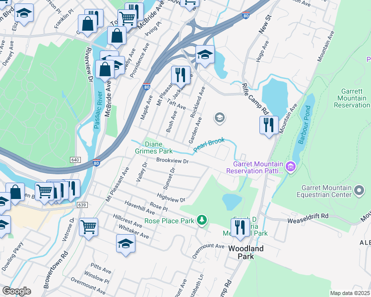 map of restaurants, bars, coffee shops, grocery stores, and more near 95 Woodrow Avenue in Woodland Park