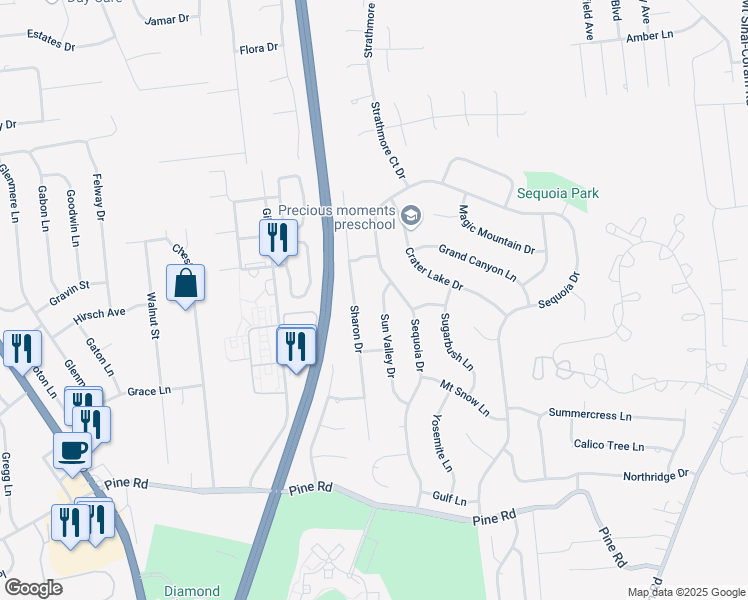 map of restaurants, bars, coffee shops, grocery stores, and more near 26 Sun Valley Drive in Coram