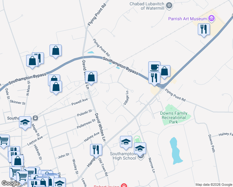 map of restaurants, bars, coffee shops, grocery stores, and more near 104 Potato Field Lane in Southampton