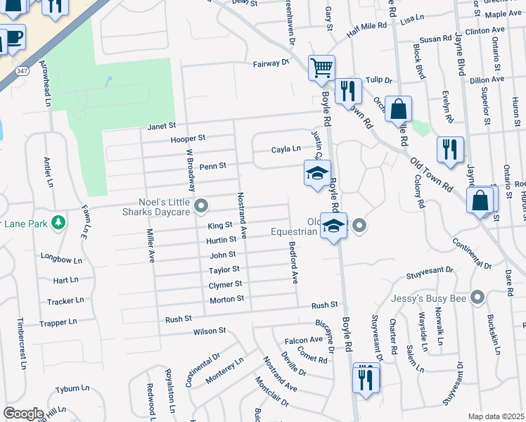 map of restaurants, bars, coffee shops, grocery stores, and more near 26 Hewes Street in Port Jefferson Station