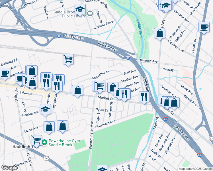 map of restaurants, bars, coffee shops, grocery stores, and more near 119 Franklin Avenue in Saddle Brook