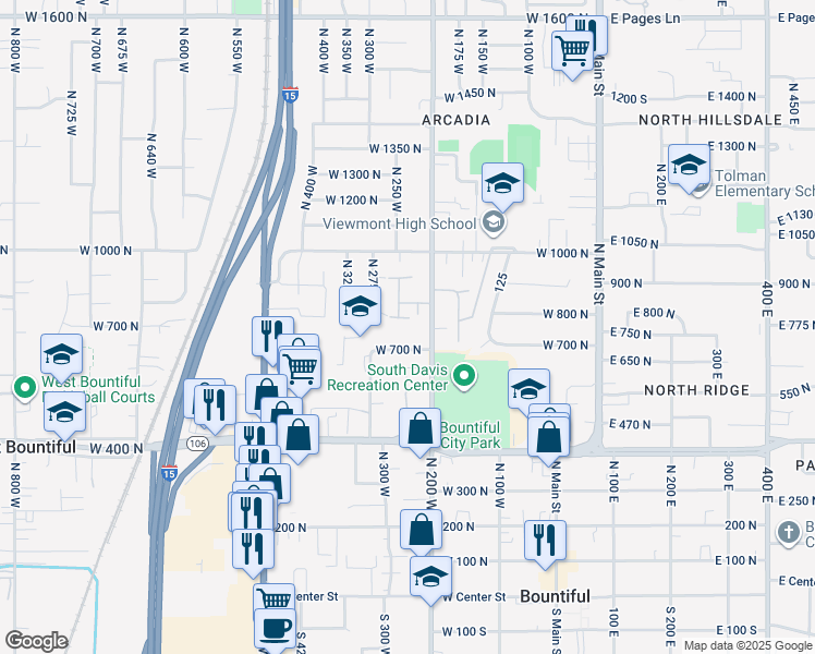 map of restaurants, bars, coffee shops, grocery stores, and more near 233 West 800 North in Bountiful