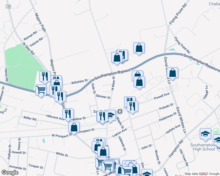 map of restaurants, bars, coffee shops, grocery stores, and more near 305 North Main Street in Southampton
