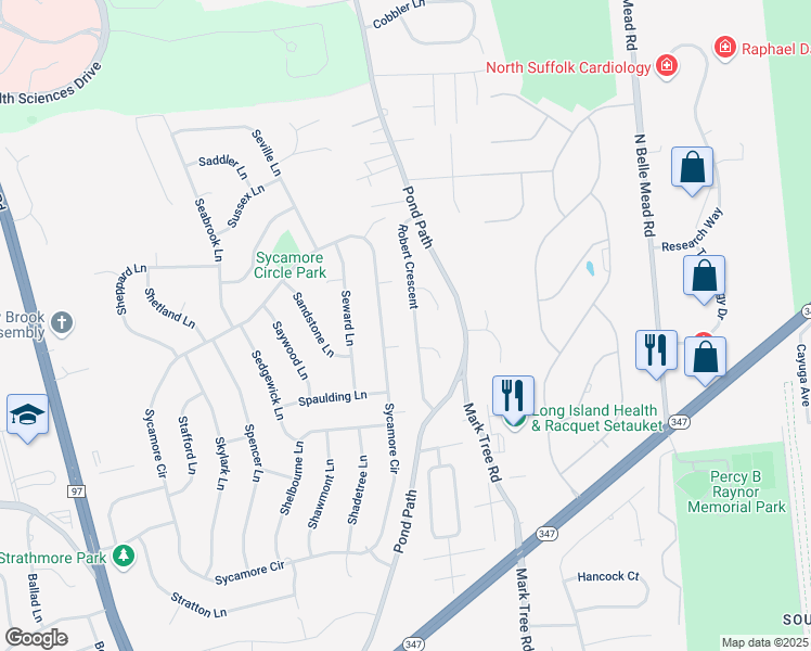 map of restaurants, bars, coffee shops, grocery stores, and more near 103 Sycamore Circle in Stony Brook