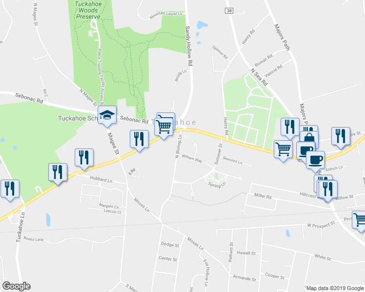 map of restaurants, bars, coffee shops, grocery stores, and more near 10 North Bishop Lane in Southampton